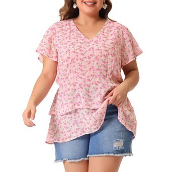 Women's Plus Size Floral Print V Neck Bell Sleeve Tiered Peplum Blouses
