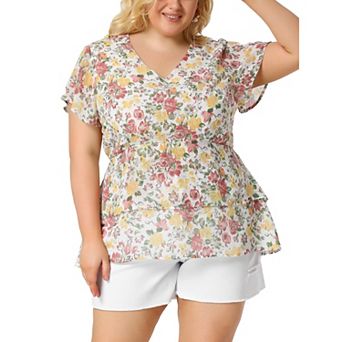 Women's Plus Size Floral Print V Neck Bell Sleeve Tiered Peplum Blouses