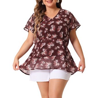 Women's Plus Size Floral Print V Neck Bell Sleeve Tiered Peplum Blouses