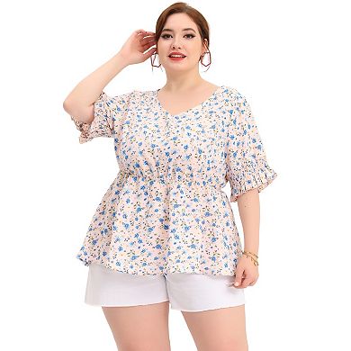 Women's Plus Size Floral Ruffle Smock Sleeve V Neck Peplum Blouse
