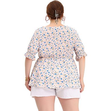 Women's Plus Size Floral Ruffle Smock Sleeve V Neck Peplum Blouse