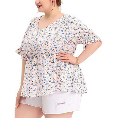 Women's Plus Size Floral Ruffle Smock Sleeve V Neck Peplum Blouse