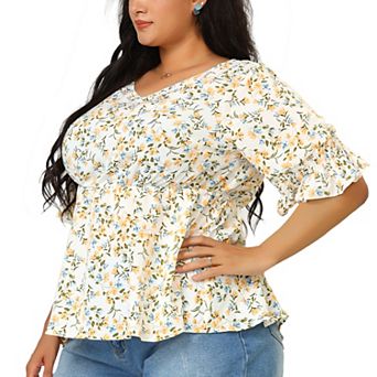 Women's Plus Size Floral Ruffle Smock Sleeve V Neck Peplum Blouse