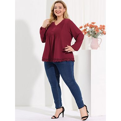 Plus Size Blouses for Women Pleated Lace Trim Button Decor V Neck Tops