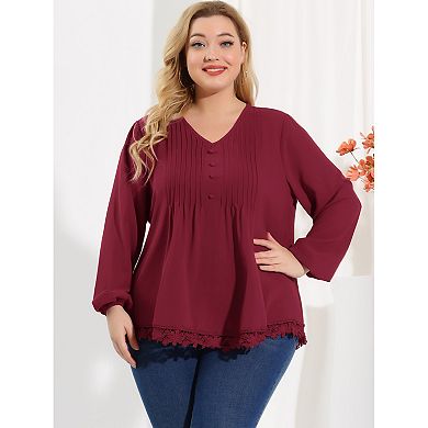 Plus Size Blouses for Women Pleated Lace Trim Button Decor V Neck Tops