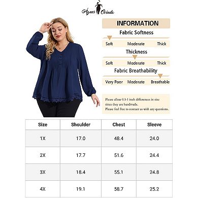 Plus Size Blouses for Women Pleated Lace Trim Button Decor V Neck Tops