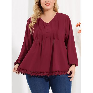Plus Size Blouses for Women Pleated Lace Trim Button Decor V Neck Tops