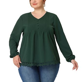 Plus Size Blouses for Women Pleated Lace Trim Button Decor V Neck Tops