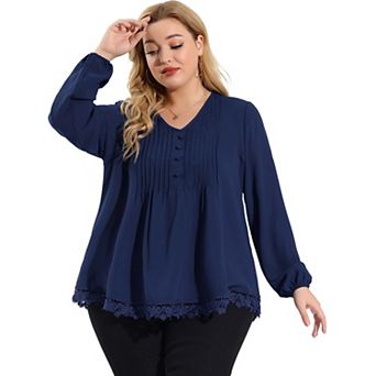 Plus Size Blouses for Women Pleated Lace Trim Button Decor V Neck Tops