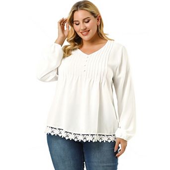 Plus Size Blouses for Women Pleated Lace Trim Button Decor V Neck Tops