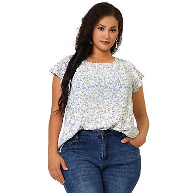 Women's Plus Size Holiday Floral Print Flare Short Sleeve Blouse