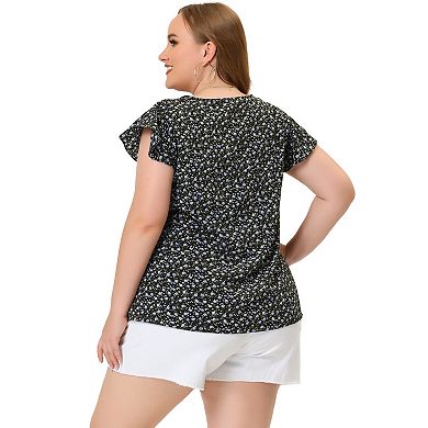 Women's Plus Size Holiday Floral Print Flare Short Sleeve Blouse