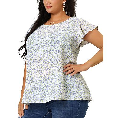 Women's Plus Size Holiday Floral Print Flare Short Sleeve Blouse