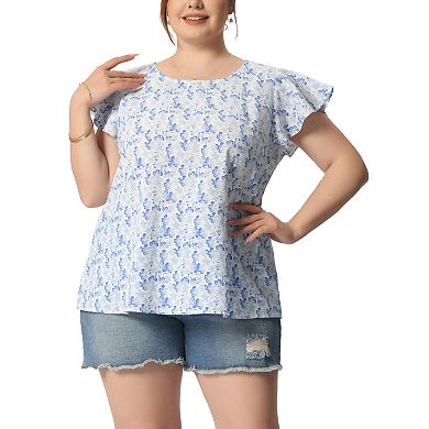 Women's Plus Size Holiday Floral Print Flare Short Sleeve Blouse