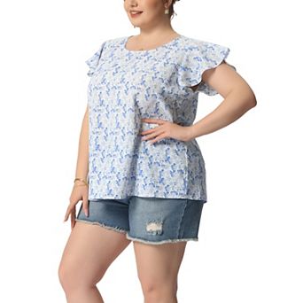 Women's Plus Size Holiday Floral Print Flare Short Sleeve Blouse