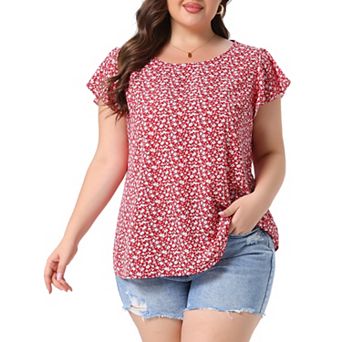 Women's Plus Size Holiday Floral Print Flare Short Sleeve Blouse