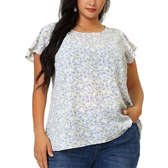 Women's Plus Size Holiday Floral Print Flare Short Sleeve Blouse