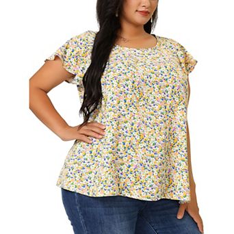 Women's Plus Size Holiday Floral Print Flare Short Sleeve Blouse