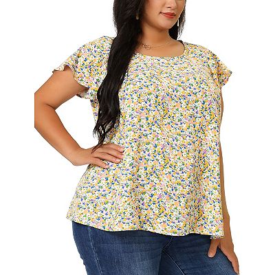 Women's Plus Size Holiday Floral Print Flare Short Sleeve Blouse
