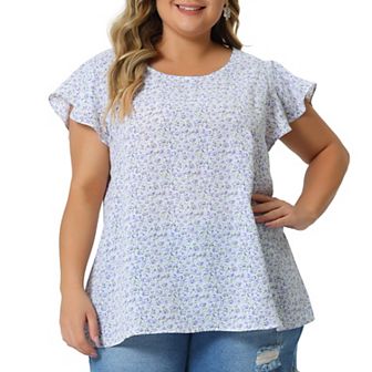 Women's Plus Size Holiday Floral Print Flare Short Sleeve Blouse