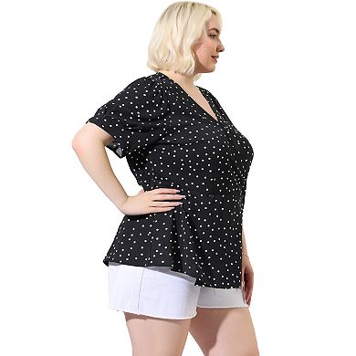 Women's Plus Size Polka Dots V Neck Short Sleeve Peplum Wrap Top Blouse