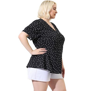 Women's Plus Size Polka Dots V Neck Short Sleeve Peplum Wrap Top