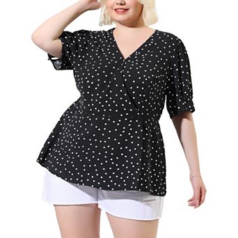 Women's Plus Size Polka Dots V Neck Short Sleeve Peplum Wrap Top Blouse