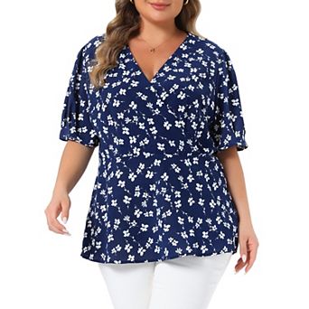 Women's Plus Size Polka Dots V Neck Short Sleeve Peplum Wrap Top Blouse