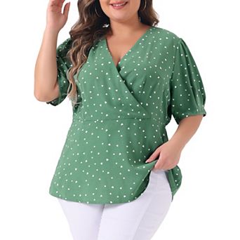 Women's Plus Size Polka Dots V Neck Short Sleeve Peplum Wrap Top Blouse