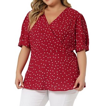 Women's Plus Size Polka Dots V Neck Short Sleeve Peplum Wrap Top Blouse
