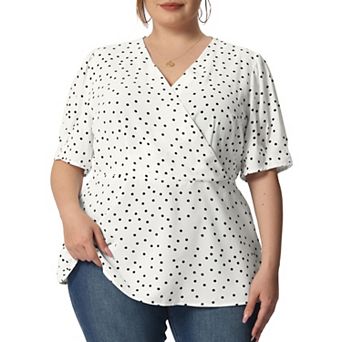 Women's Plus Size Polka Dots V Neck Short Sleeve Peplum Wrap Top Blouse