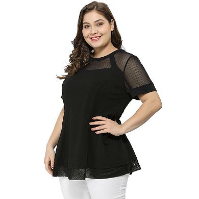 Women's Plus Size See-Through Round Neck Short Sleeve Swing Peplum Mesh Lace Top