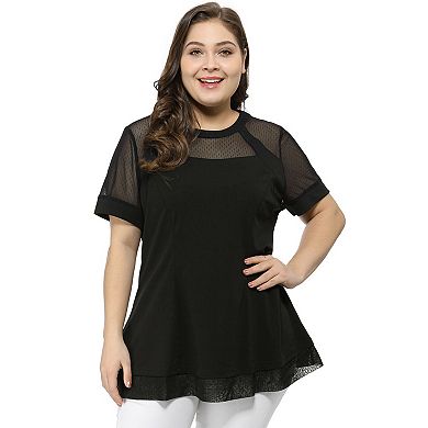 Women's Plus Size See-Through Round Neck Short Sleeve Swing Peplum Mesh Lace Top