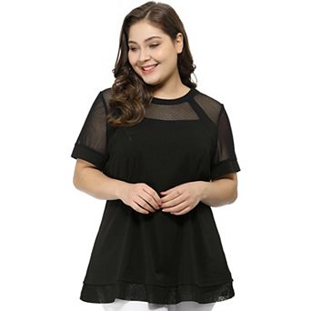 Women's Plus Size See-Through Round Neck Short Sleeve Swing Peplum Mesh Lace Top
