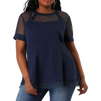 Women's Plus Size See-Through Round Neck Short Sleeve Swing Peplum Mesh Lace Top