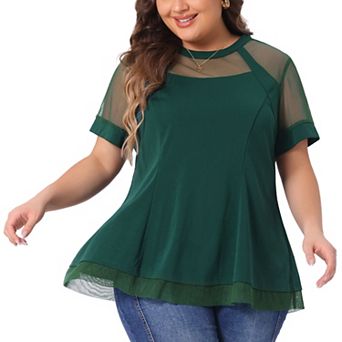 Women's Plus Size See-Through Round Neck Short Sleeve Swing Peplum Mesh Lace Top