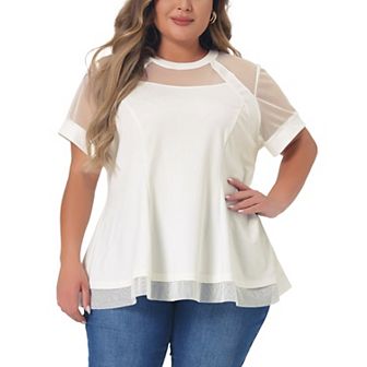 Women's Plus Size See-Through Round Neck Short Sleeve Swing Peplum Mesh Lace Top