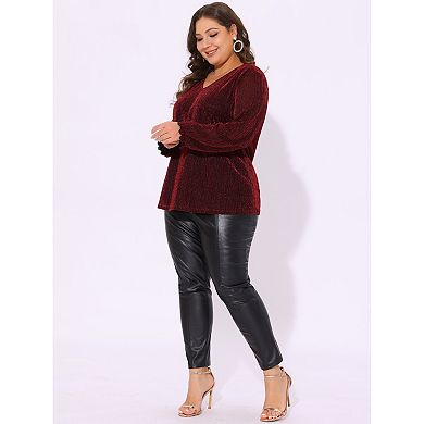 Women's Plus Size Party Glitter Sparkle V Neck Long Sleeve Blouse