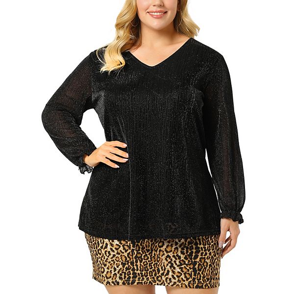 Womens Plus Size Party Glitter Sparkle V Neck Long Sleeve Blouse