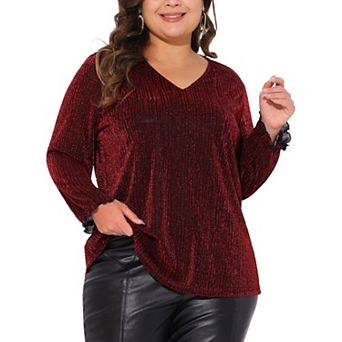 Women's Plus Size Party Glitter Sparkle V Neck Long Sleeve Blouse