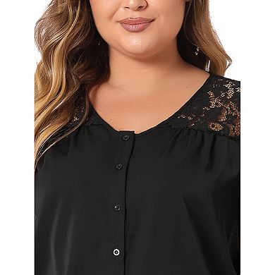 Women's Plus Size V Neck Full Placket Lace Panel Flare Short Sleeve Summer Peplum Blouses