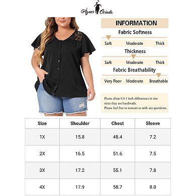 Women's Plus Size V Neck Full Placket Lace Panel Flare Short Sleeve Summer Peplum Blouses