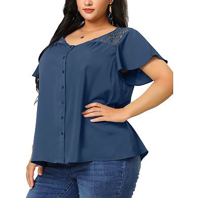 Women's Plus Size V Neck Full Placket Lace Panel Flare Short Sleeve Summer Peplum Blouses