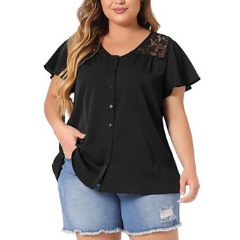Women's Plus Size V Neck Full Placket Lace Panel Flare Short Sleeve Summer Peplum Blouses