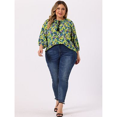 Women's Plus Size Self Tie Neck 3/4 Sleeves Floral Colorful Blouse Shirt
