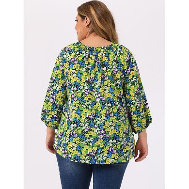 Women's Plus Size Self Tie Neck 3/4 Sleeves Floral Colorful Blouse