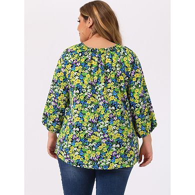 Women's Plus Size Self Tie Neck 3/4 Sleeves Floral Colorful Blouse Shirt