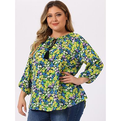 Women's Plus Size Self Tie Neck 3/4 Sleeves Floral Colorful Blouse Shirt