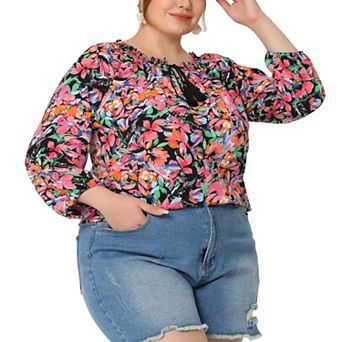 Women's Plus Size Self Tie Neck 3/4 Sleeves Floral Colorful Blouse Shirt