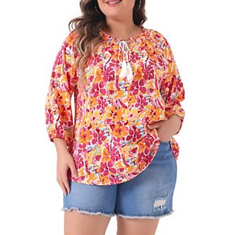 Women's Plus Size Self Tie Neck 3/4 Sleeves Floral Colorful Blouse Shirt